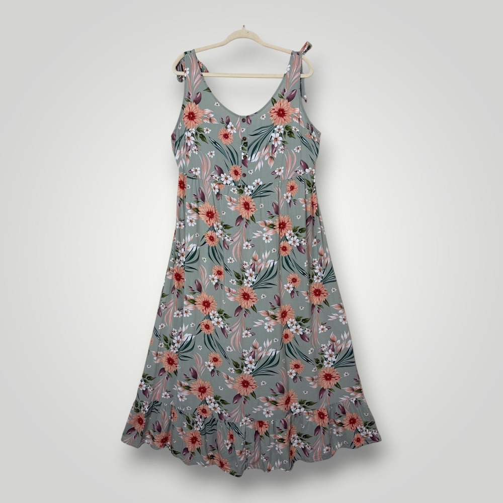 Nevena Rae Maxi Dress Womens XL Green Floral Tie Strap Smocked‎ Rayon Sundress